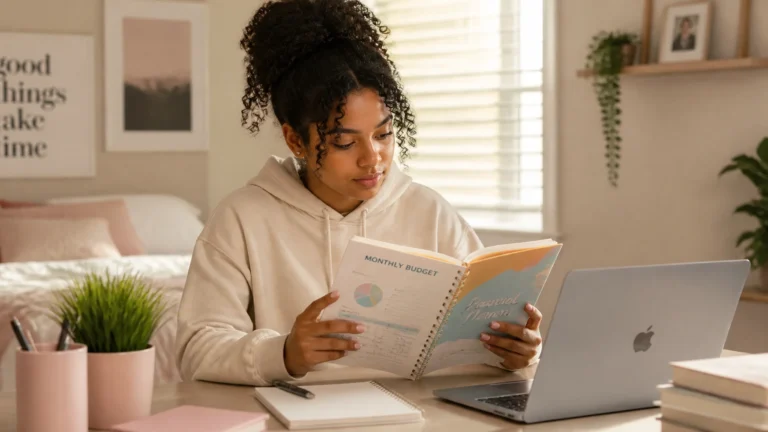 A young woman sits at a desk in a cozy room, reading a financial planner and looking at a monthly budget sheet. A laptop, notebook, and pencil are on the desk in front of her.