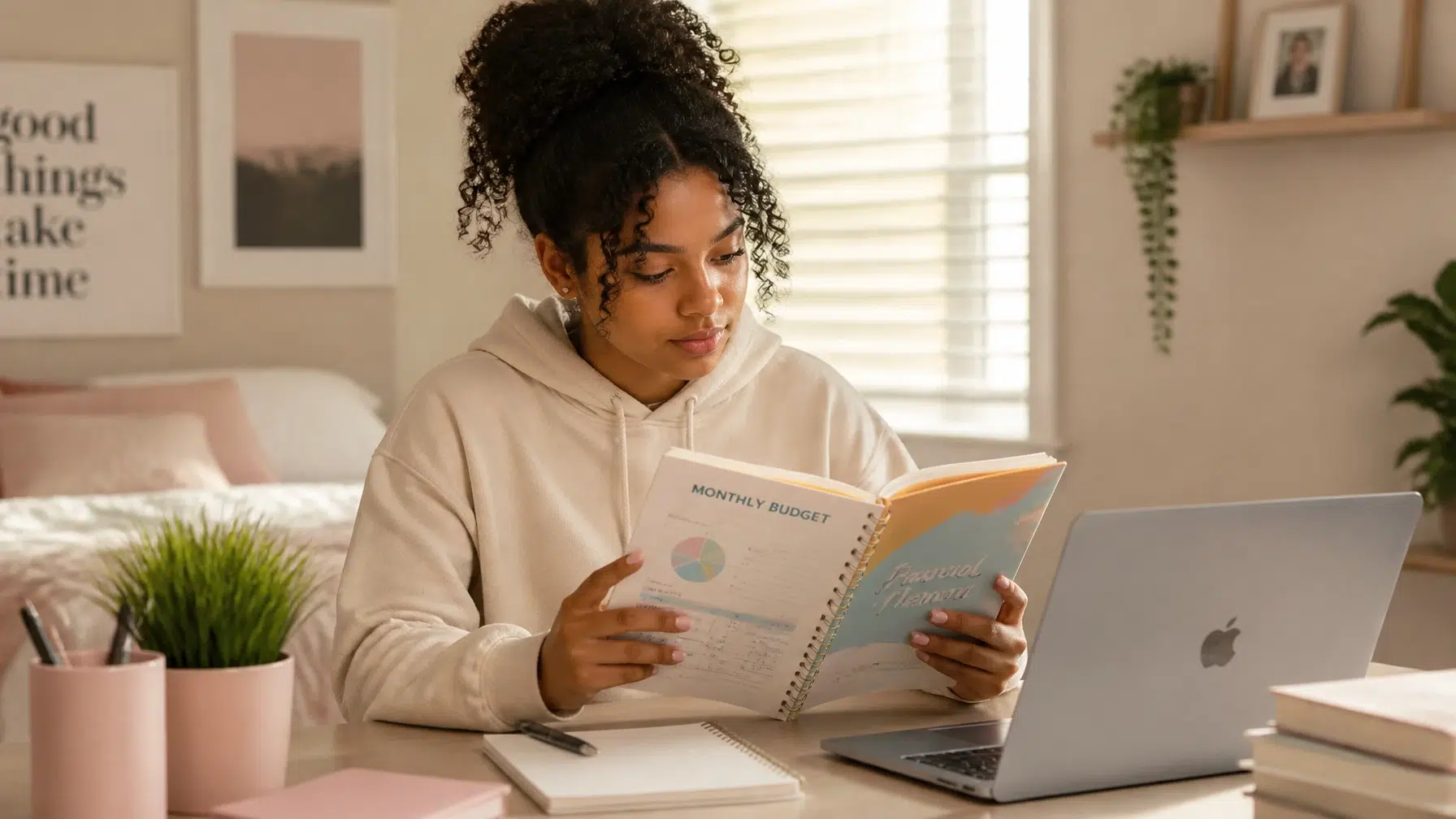A young woman sits at a desk in a cozy room, reading a financial planner and looking at a monthly budget sheet. A laptop, notebook, and pencil are on the desk in front of her.