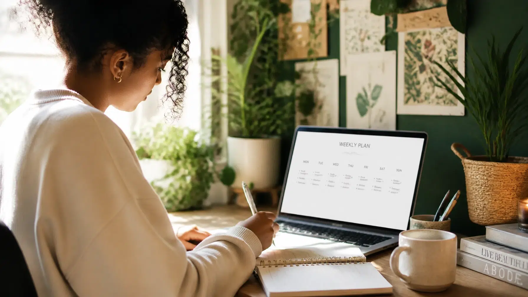 A person sits at a desk with a laptop displaying a weekly plan, writing in a notebook. The desk has a coffee mug and books, and the background features plants and botanical prints.