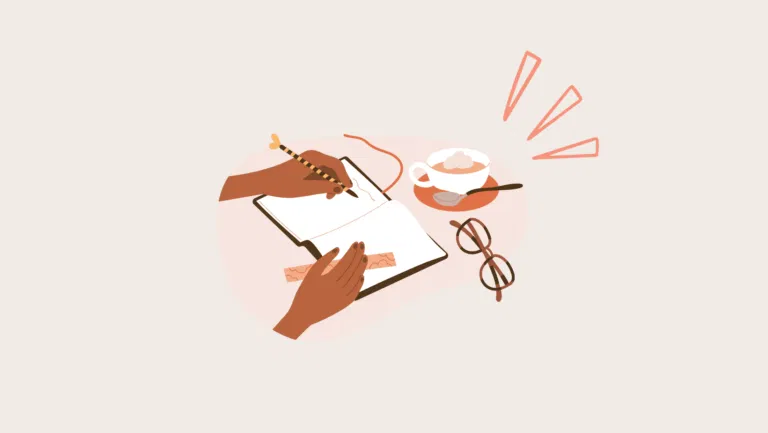 Illustration of hands writing in a notebook with a pencil. Nearby are a cup of coffee with a saucer and spoon, a pair of eyeglasses, and red accent lines, all on a light background.