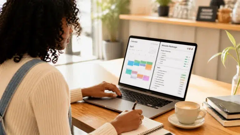 A woman sits at a wooden table with a notebook and pen, working on a laptop displaying a calendar and project management dashboard. A cup of coffee and a potted plant are nearby.