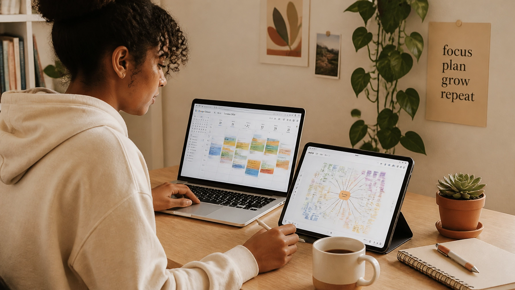 A woman works at a desk with a laptop and a tablet displaying charts and diagrams. A cup of coffee and a potted plant are on the desk. In the background, a poster reads, focus plan grow repeat.