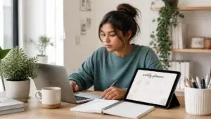 A woman sits at a desk working on a laptop, with a digital tablet displaying a weekly planner, an open notebook, pen, coffee mug, and potted plants in a bright, modern home office setting.