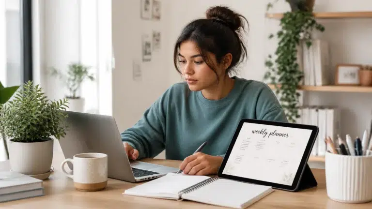 A woman sits at a desk working on a laptop, with a digital tablet displaying a weekly planner, an open notebook, pen, coffee mug, and potted plants in a bright, modern home office setting.