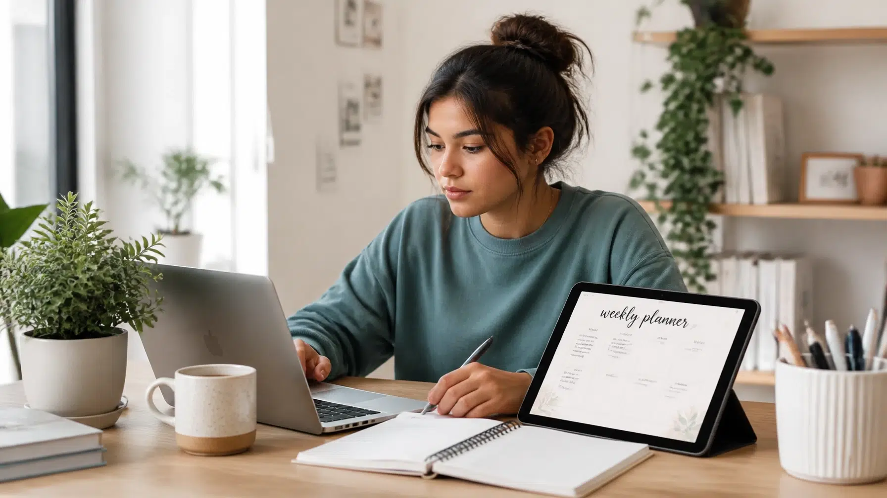 A woman sits at a desk working on a laptop, with a digital tablet displaying a weekly planner, an open notebook, pen, coffee mug, and potted plants in a bright, modern home office setting.