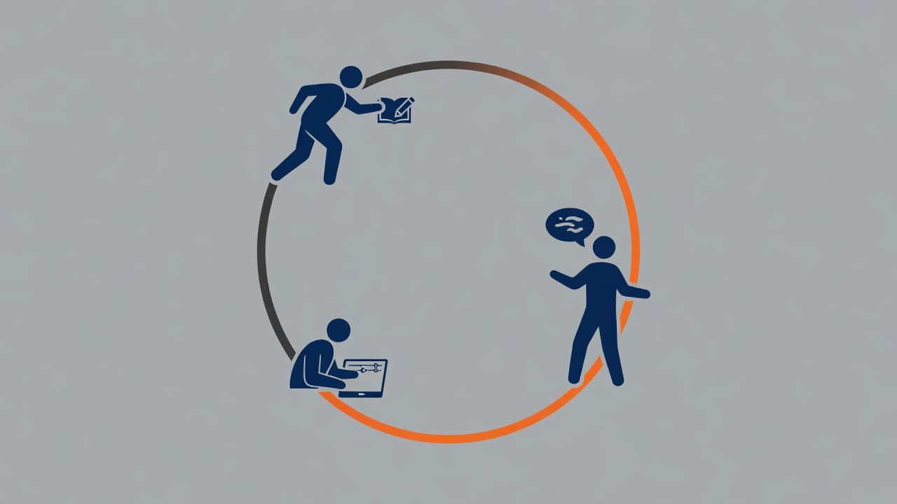 A minimalist diagram features a circular cycle with arrows connecting icons of a student practicing, receiving constructive feedback, and applying changes. Vibrant orange accents highlight each step in the growth process.