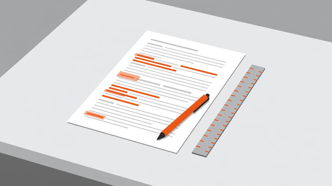 An orange ruler rests across a highlighted white document on a flat surface next to a sleek pen. These drafting tools represent a meticulous process of refining written content for clarity.
