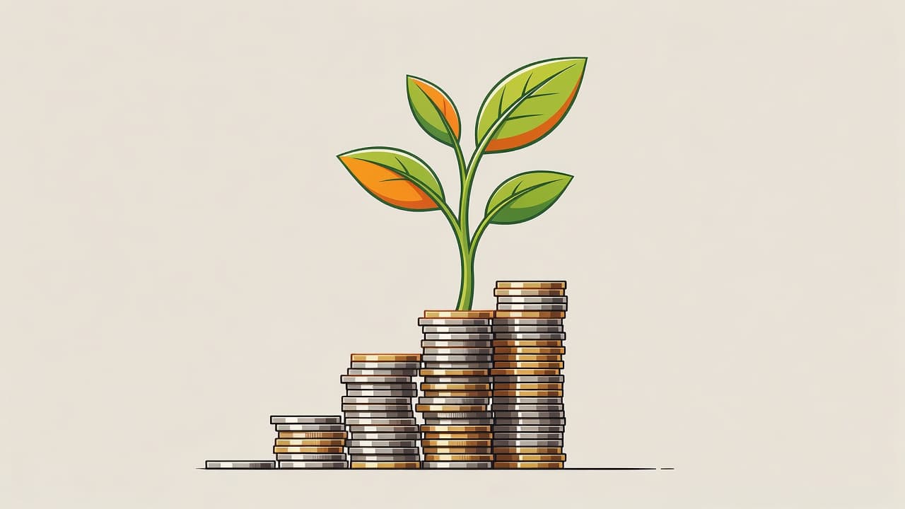 A vibrant green sprout emerges from a tall stack of metallic coins centered against a neutral backdrop. Bold orange accents highlight the scene, symbolizing steady financial progress and long-term wealth building.