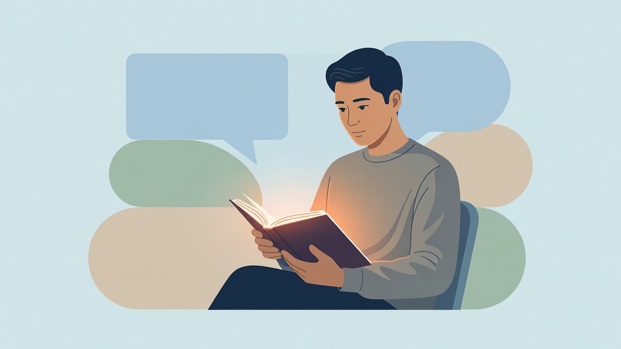 A stylized individual sits in profile, deeply absorbed in reading a book. Vibrant orange highlights the pages, while soft, minimalist shapes in the background emphasize a quiet, undistracted reading environment.
