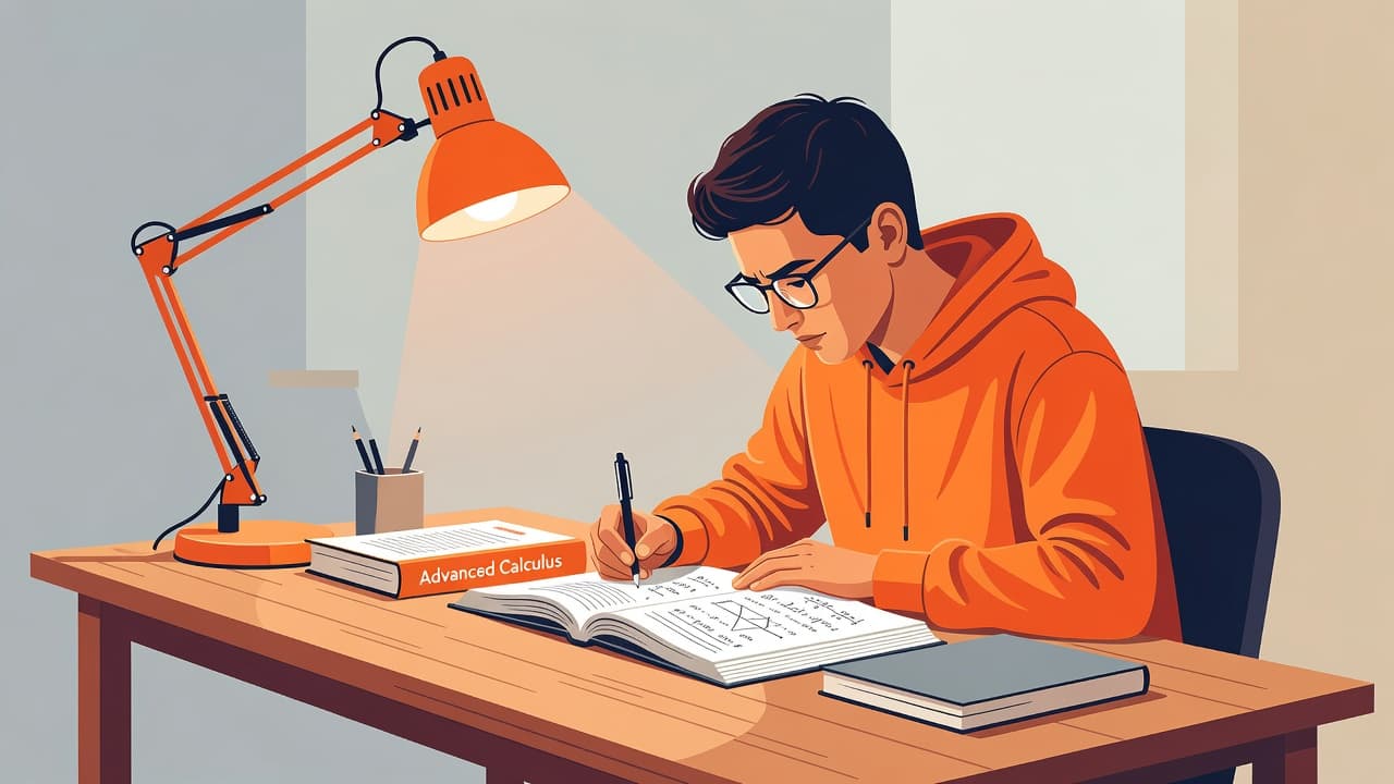 A student sits at a clean desk engaged in one task with a vibrant orange light accenting the scene. Minimalist shapes define the workspace, emphasizing concentration over distractions and busy surroundings.