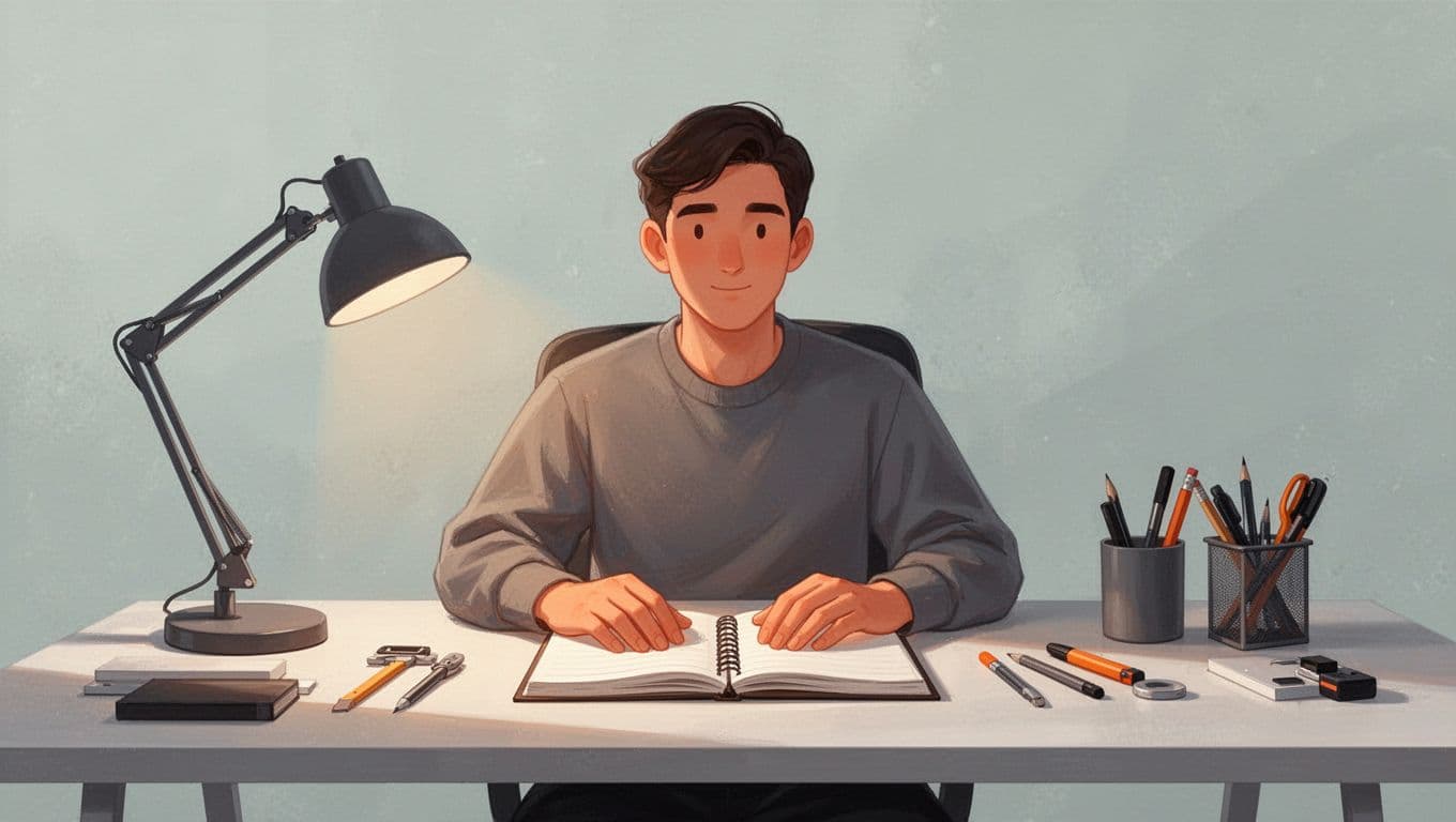 A person sits at a sleek desk featuring a bold orange lamp and matching notebook. The composition uses clean lines and calm tones to represent a serene and distraction-free environment.