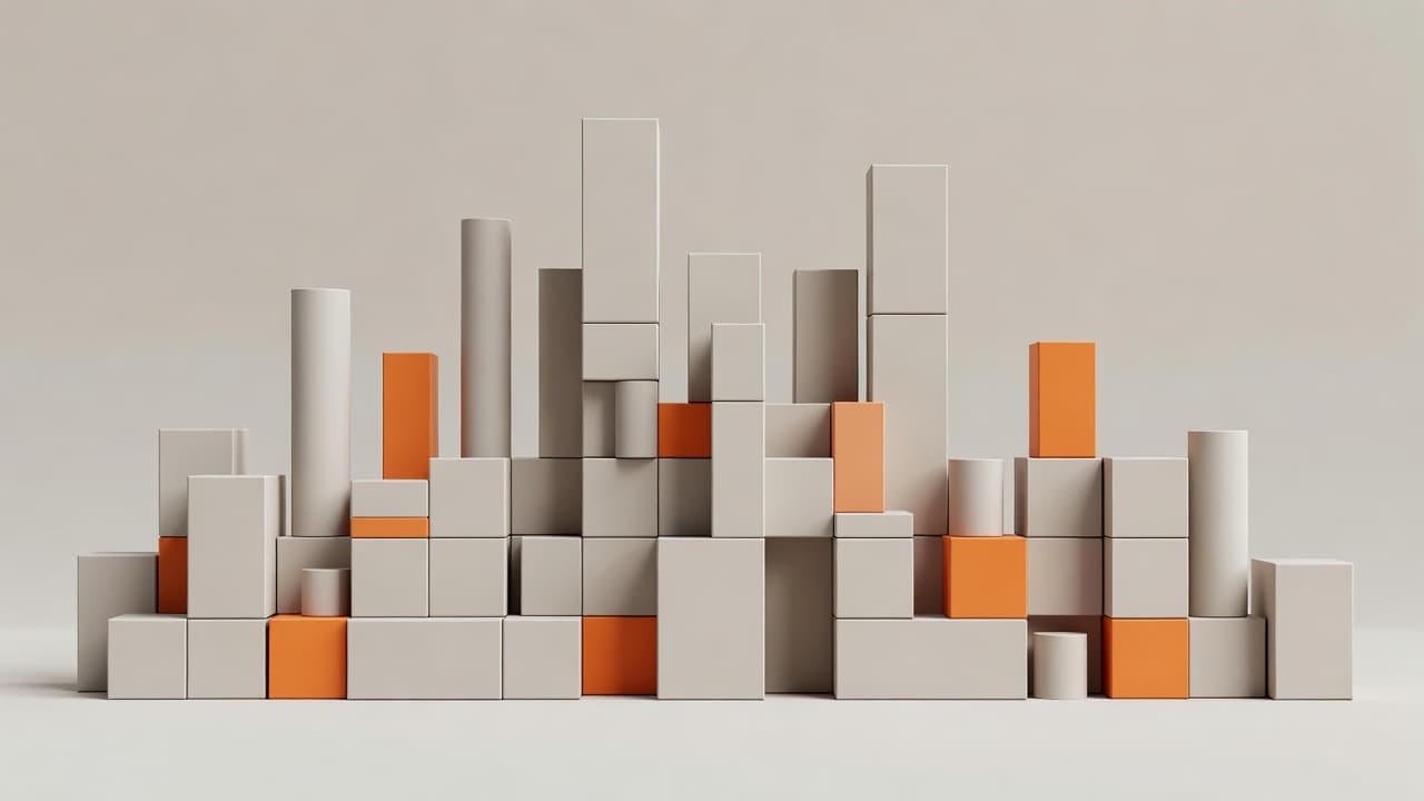 A collection of 3D geometric cubes and rectangular prisms of varying heights are arranged on a neutral surface. Several blocks feature vibrant orange accents against a soft, muted grey backdrop.