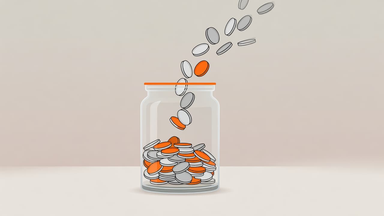 A clear glass container sits centrally on a neutral surface, slowly filling with metallic coins. Bold orange circular accents surround the base of the jar against a soft, minimalist studio background.