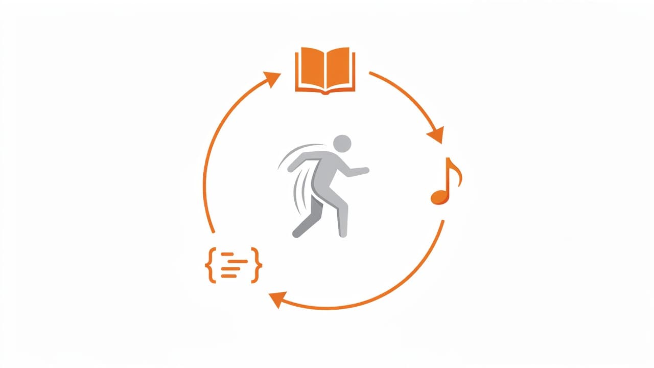 A stylized graphic shows a person transitioning through three distinct icons, including an open book, a musical note, and a code block, connected by a circular arrow on a clean background.