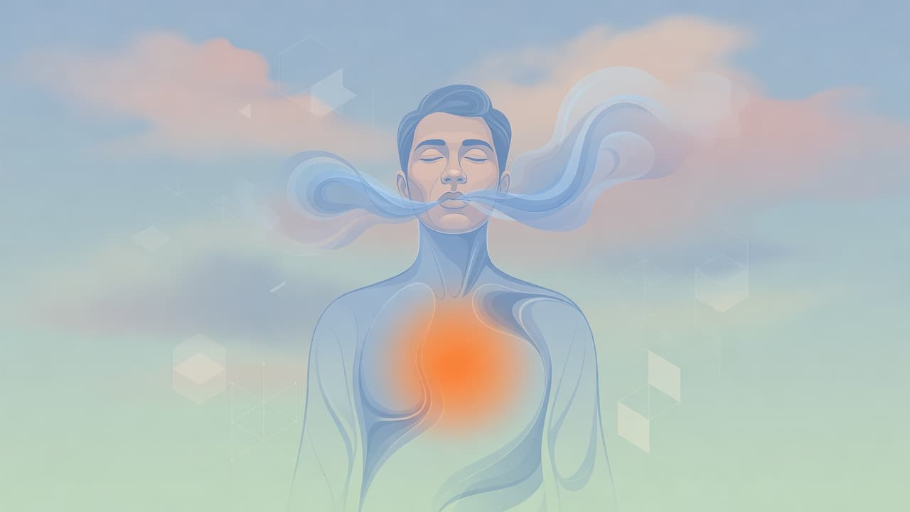 A stylized figure in a state of relaxation is surrounded by fluid, organic shapes. The composition features a vibrant saturated orange accent set against a soft, muted pastel background environment.