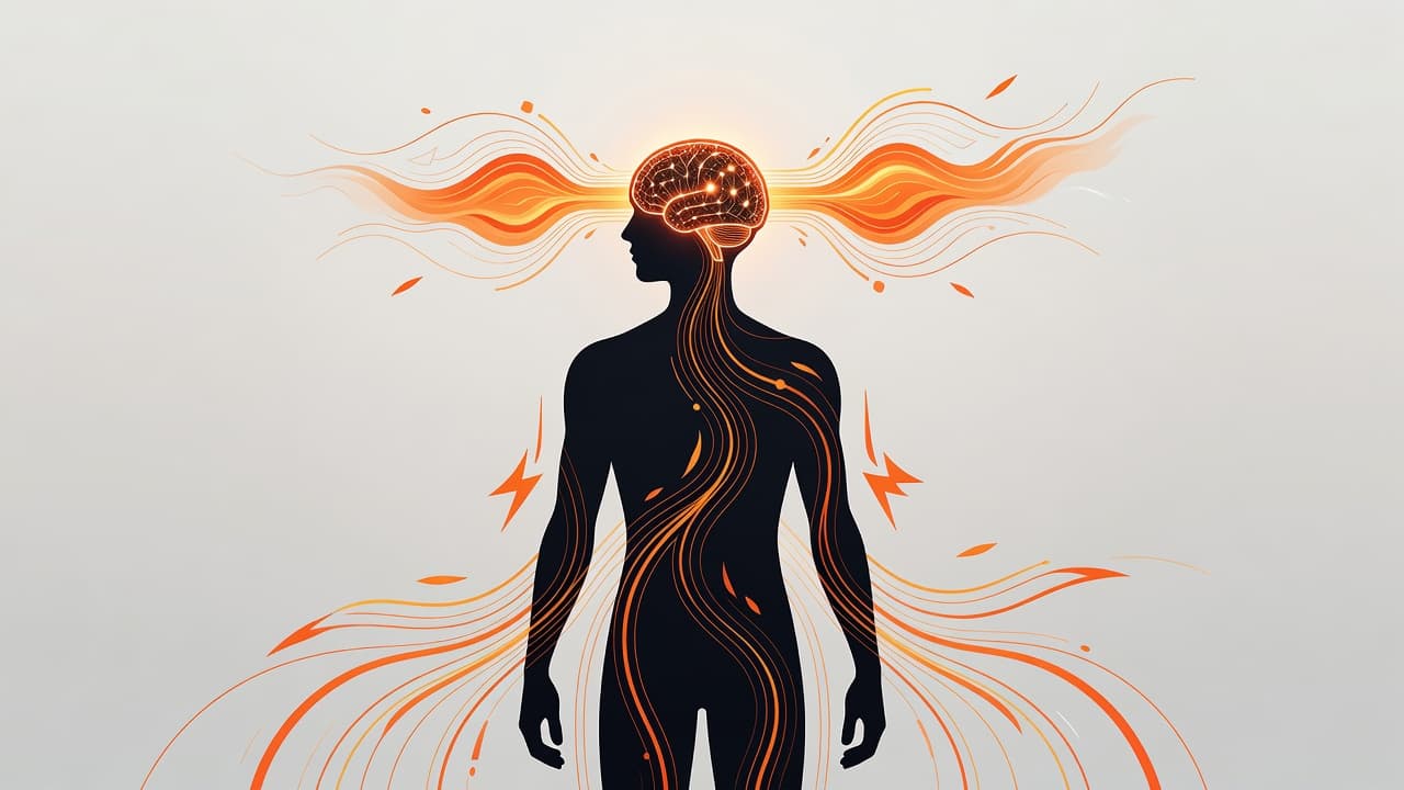 A dark human silhouette stands against a soft neutral backdrop, showcasing a vibrant, glowing brain connected to intricate, rhythmic lines of orange light representing dynamic energy flow and active neural pathways.