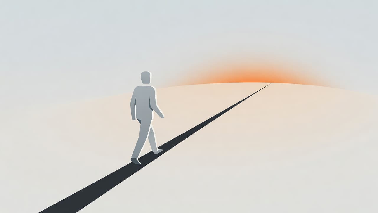 A simplified human figure traverses a long, flat path leading toward a glowing rising horizon. The composition uses minimalist geometric shapes set against a soft neutral backdrop with vibrant orange accents.