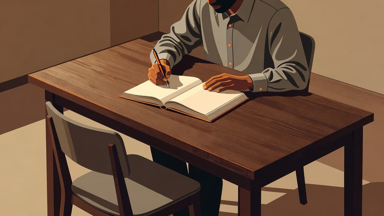 A person sits at a sleek wooden desk, focusing on a paper journal while holding a pen. Strong orange accents and high-contrast warm lighting define this clean, minimalist modern illustration style.
