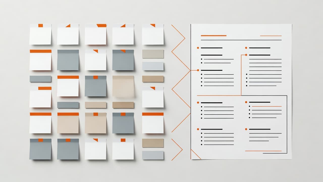 Bright orange geometric sticky notes are arranged in a neat grid alongside a clean white outline document. The minimalist composition emphasizes professional planning strategies on a stark, light-colored desk surface.