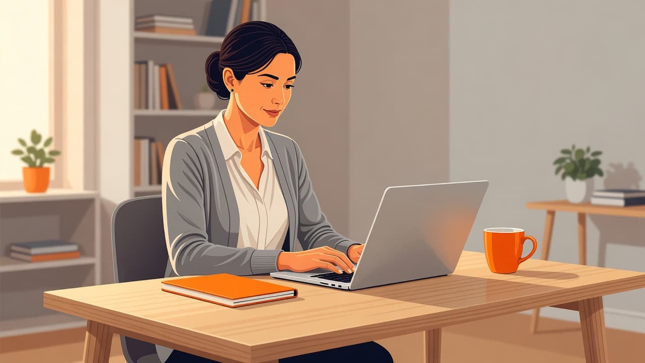 A woman sits at a clean desk using her laptop in a warm, illuminated home workspace. Her workspace features a bright orange notebook and matching coffee mug as vibrant desk accessories.