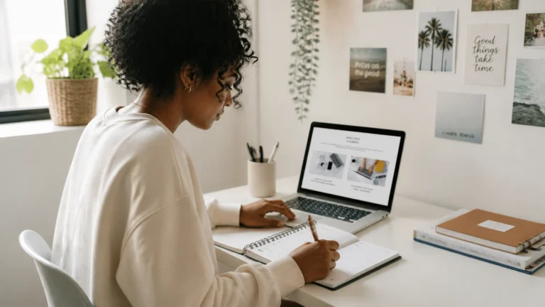 A person with curly hair sits at a desk, writing in a notebook while looking at a laptop. The workspace has books, a pen holder, and wall art with photos and inspirational quotes.