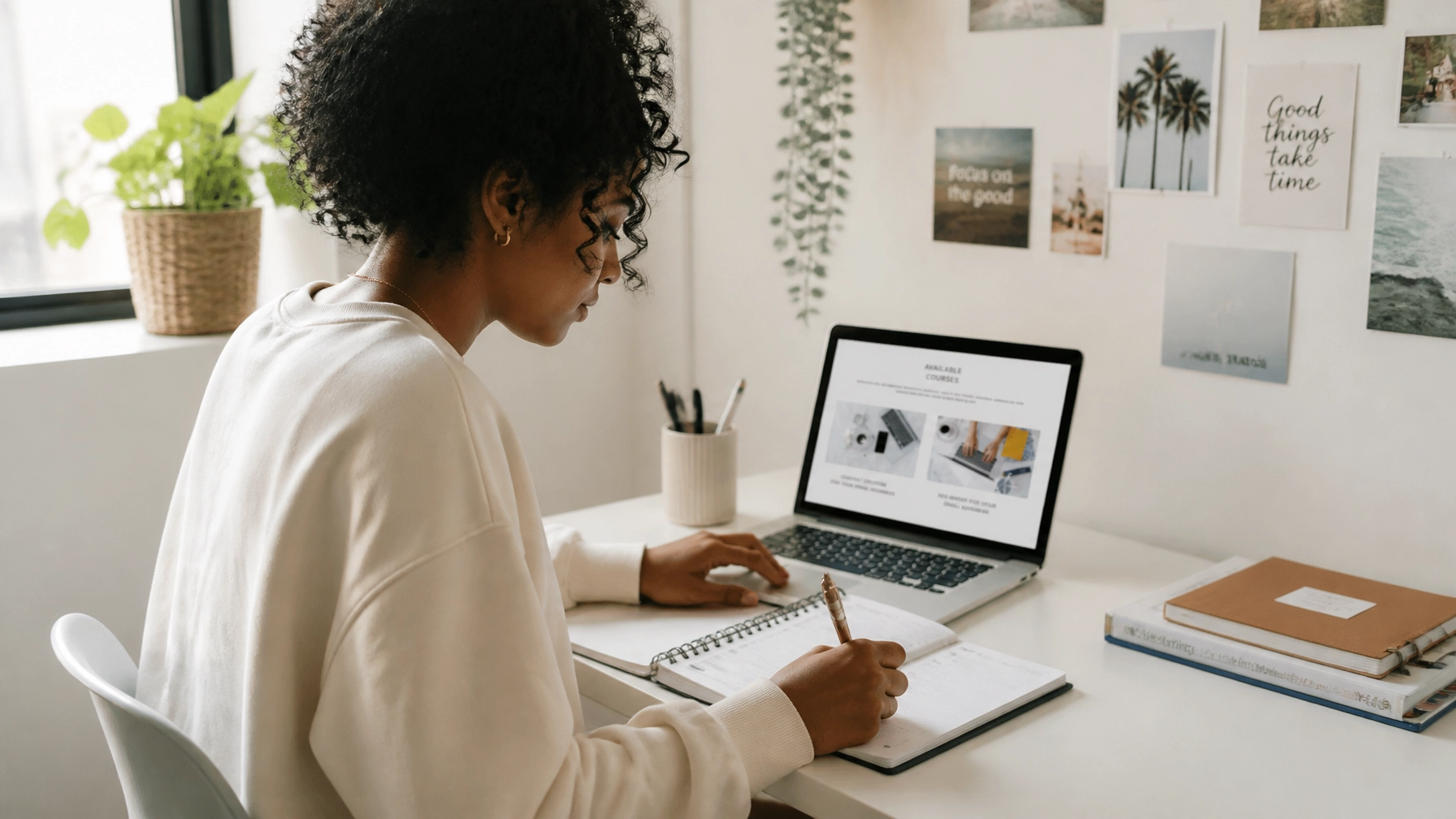 A person with curly hair sits at a desk, writing in a notebook while looking at a laptop. The workspace has books, a pen holder, and wall art with photos and inspirational quotes.
