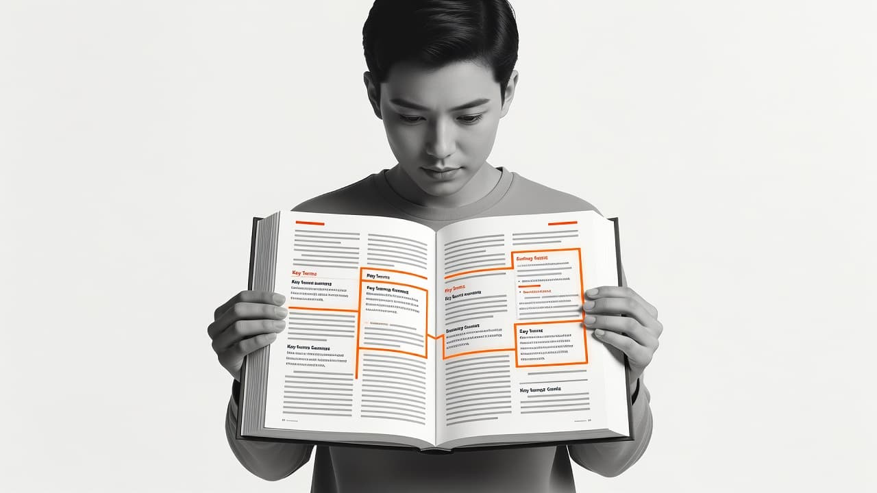 A focused student holds an open textbook while their eyes quickly scan the document layout. Bright orange digital highlights emphasize the structural headings and bold text sections on the page.