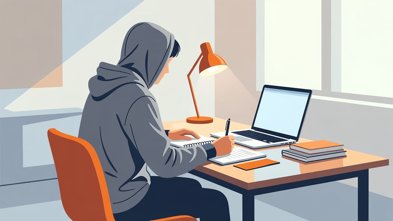 An open notebook and laptop rest on a minimalist desk within a brightly lit room. Bold orange accents highlight the clean workspace design to encourage focused academic research and writing.