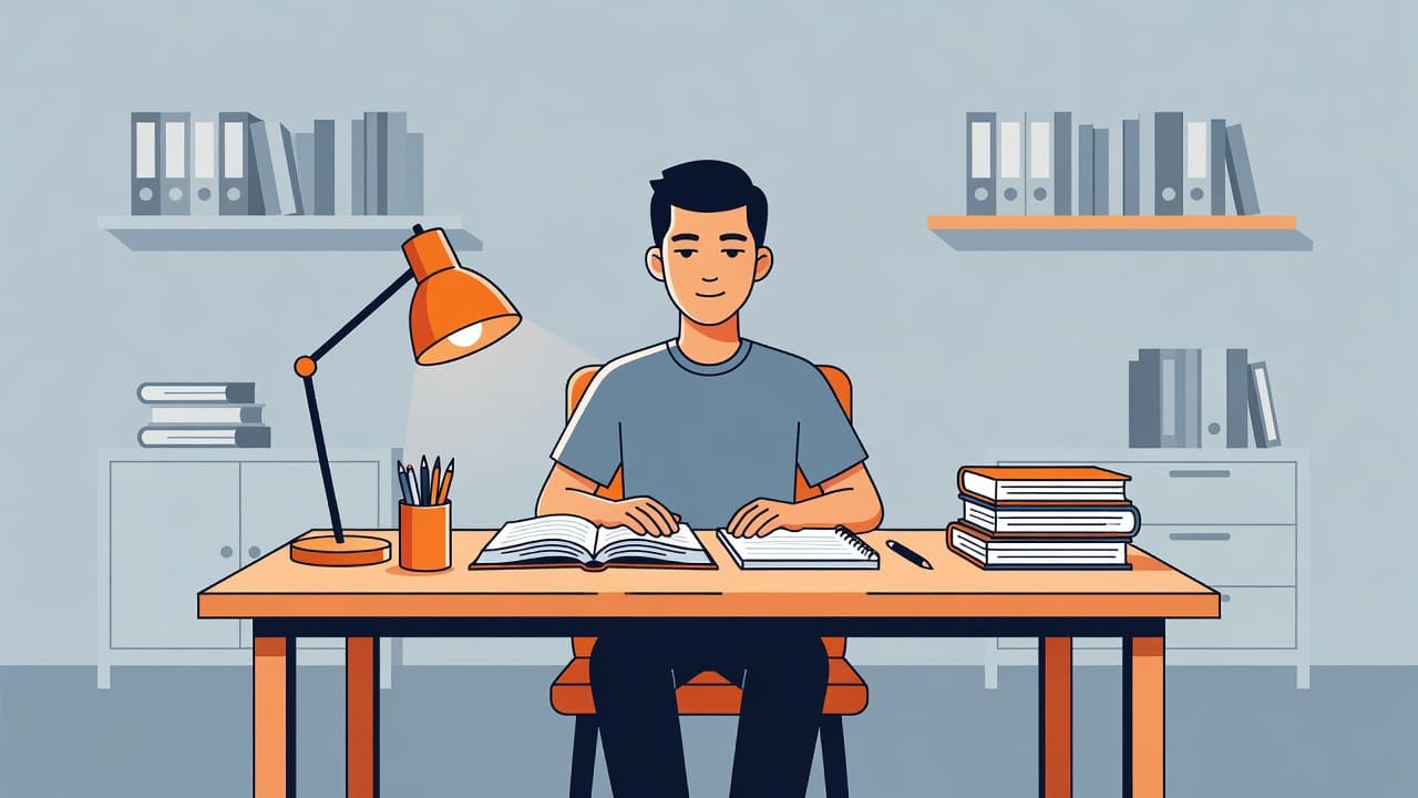 A student sits at a tidy desk with an open book and notebook, surrounded by clean geometric shapes. A warm, saturated orange accent adds a calm tone to the focused study area.