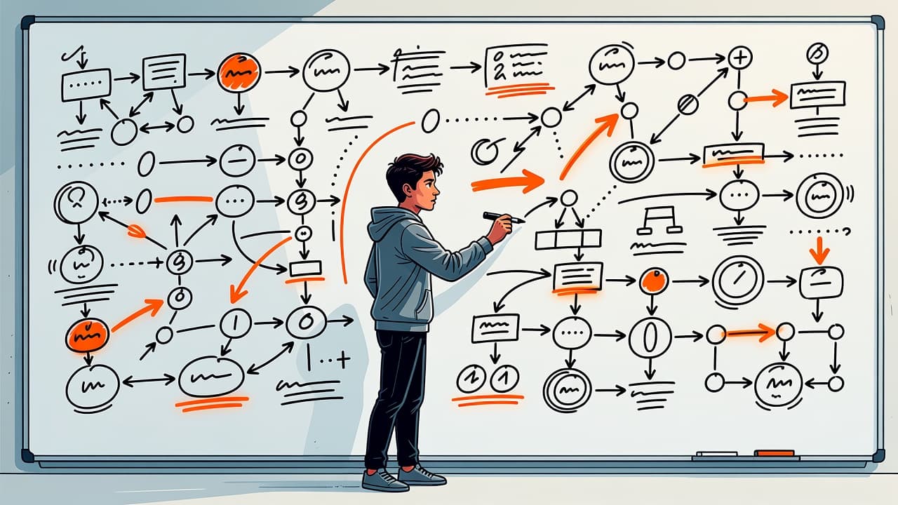 A focused student stands before a large whiteboard filled with scattered abstract diagrams and directional arrows. The modern illustration features bold orange accents to emphasize the logical flow of ideas.