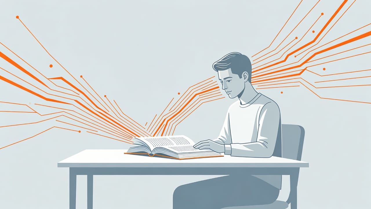 A focused student sits at a desk reading an open book. Abstract orange lines emanate from the pages, flowing toward the student's head to symbolize rapid information absorption and cognitive clarity.