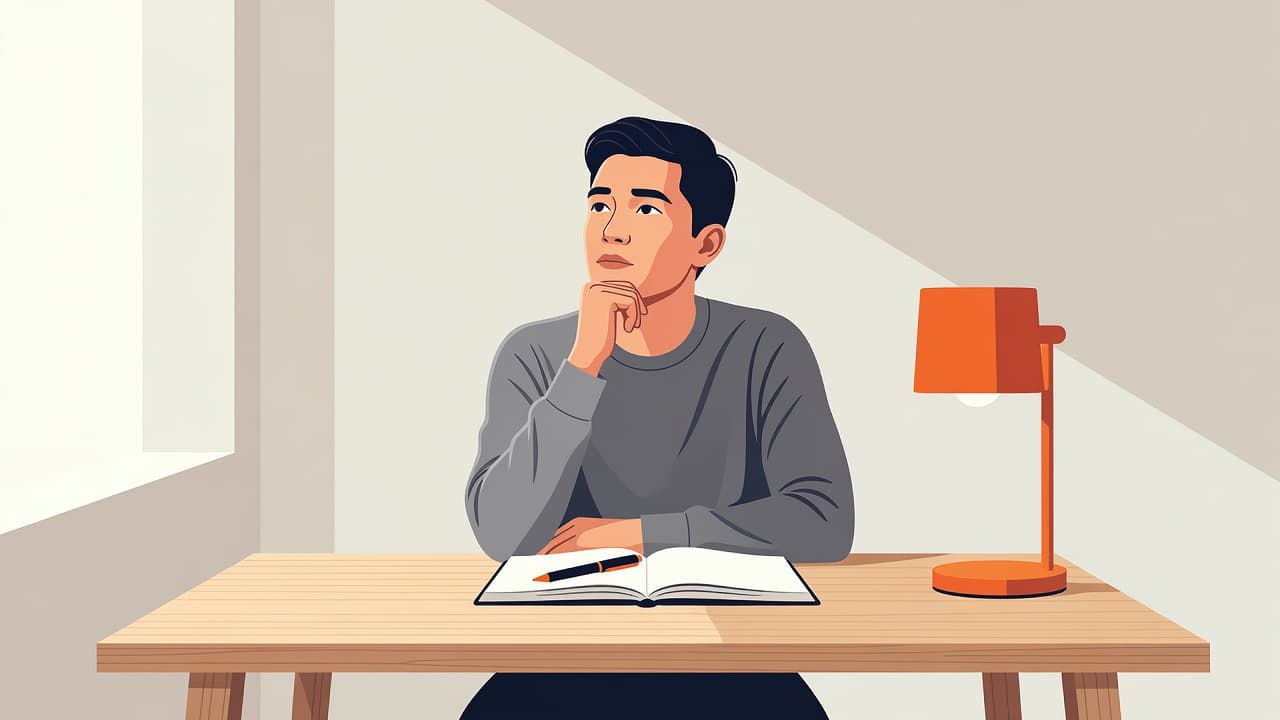 A person rests their chin on their hand while contemplating an open notebook. The modern illustration features a bright wooden desk, a sharp pen, and vibrant orange accents in a calm room.