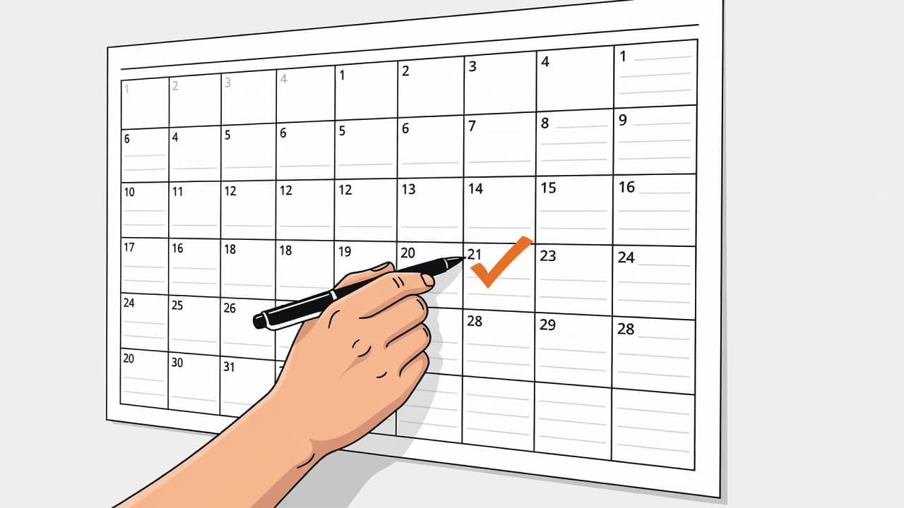 A close-up illustration shows a hand using a pen to mark a date on a wall calendar. Vibrant orange highlights emphasize the organized daily planner against a clean, minimalist background.