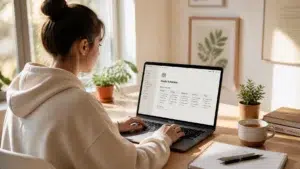 A woman in a hoodie is sitting at a desk using a laptop. The screen displays a study schedule. There are potted plants, a notebook, pen, and framed pictures in the bright room.