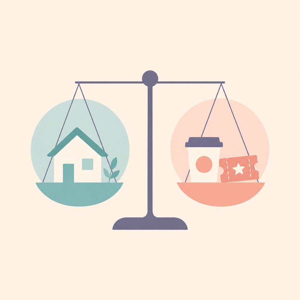 A minimal vector illustration of scales balancing needs (house icon) and wants (coffee/ticket icons)