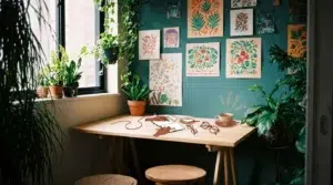 A cozy workspace with a wooden desk, art supplies, plants, coffee, glasses, and colorful botanical artwork decorating a teal wall, lit by natural light from a window.