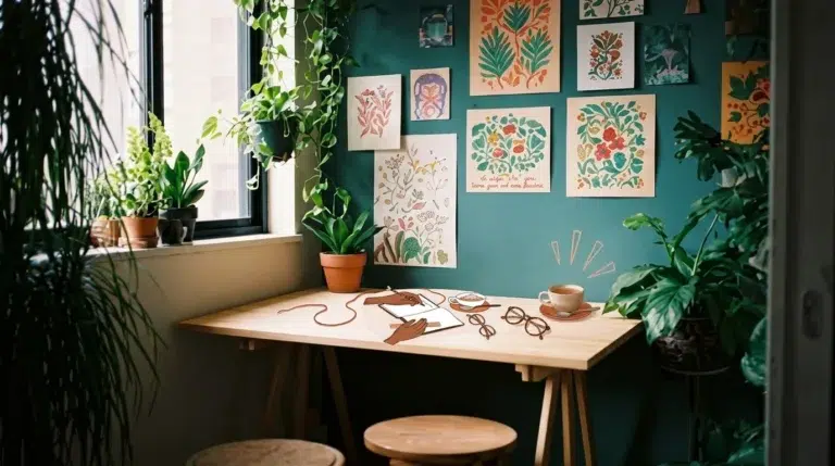 A cozy workspace with a wooden desk, art supplies, plants, coffee, glasses, and colorful botanical artwork decorating a teal wall, lit by natural light from a window.