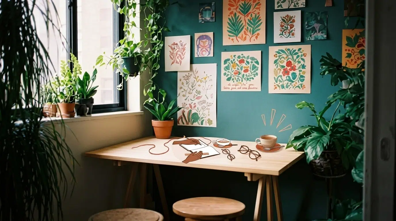 A cozy workspace with a wooden desk, art supplies, plants, coffee, glasses, and colorful botanical artwork decorating a teal wall, lit by natural light from a window.
