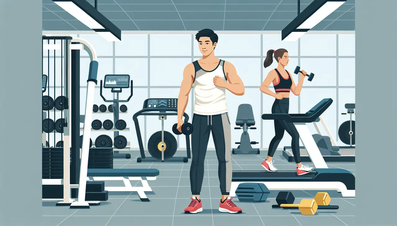 A man lifts a dumbbell while a woman runs on a treadmill in a modern gym filled with weights, benches, and exercise equipment.