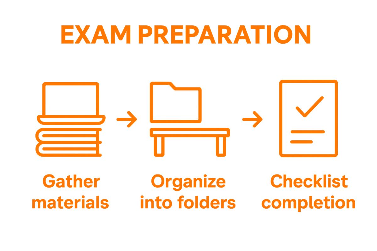 Three-step workflow: gather, organize, and checklist for exam prep