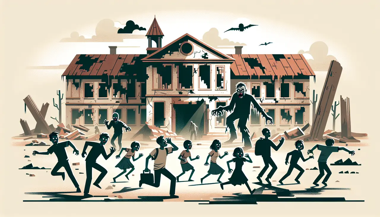 Silhouetted figures flee from a large, monstrous creature in front of a dilapidated, haunted-looking mansion with bats flying above and an ominous sky.
