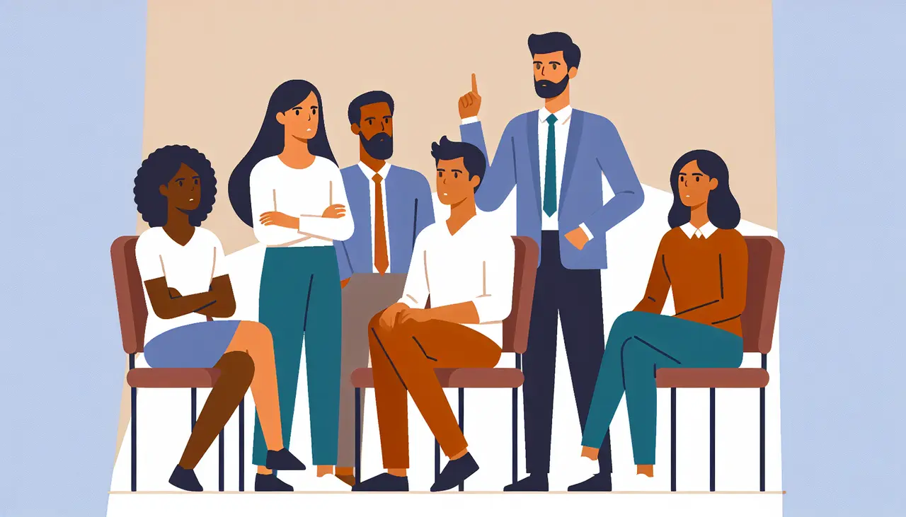 Illustration of six diverse people sitting and standing in a group. One person is raising a finger, appearing to speak or make a point, while others listen attentively. The mood suggests a discussion or meeting.