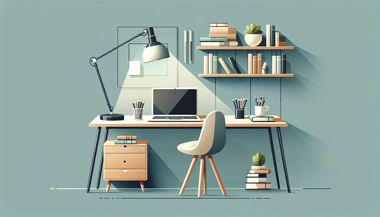 Illustration of a tidy home office with a desk, chair, laptop, lamp, books, plants, shelves, and stationery against a blue wall. Sunlight streams onto the workspace, creating a calm, organized atmosphere.