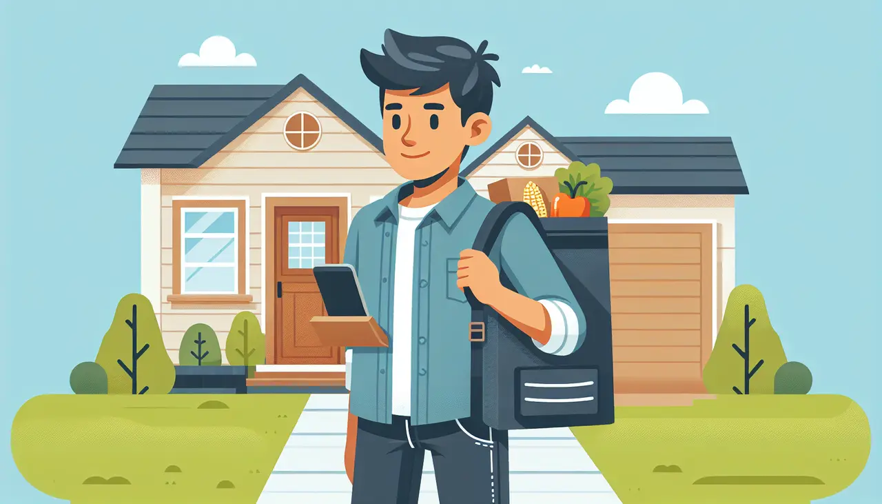 A young man with a backpack full of groceries stands on a path outside a suburban house, holding a tablet and smiling. The sky is clear and the house features a brown door and a two-car garage.