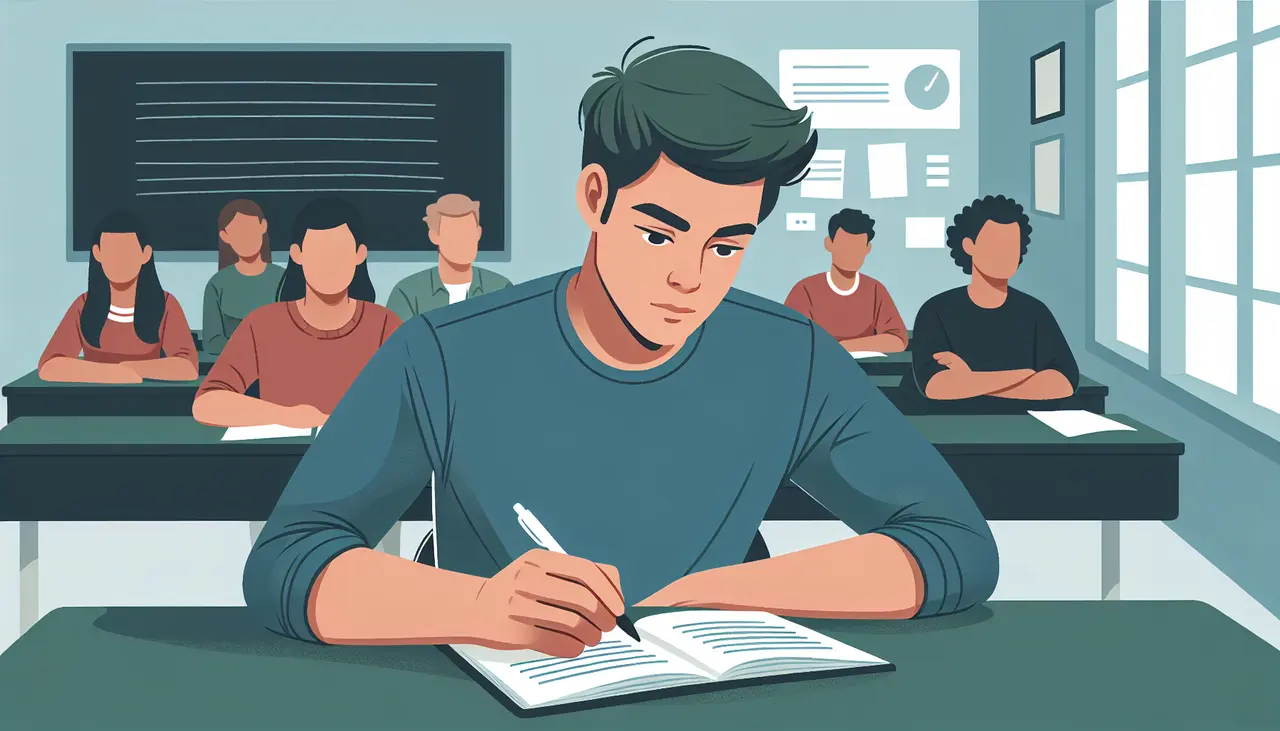 A student with short brown hair writes in a notebook at a desk, surrounded by other students in a classroom with a chalkboard and charts on the wall.