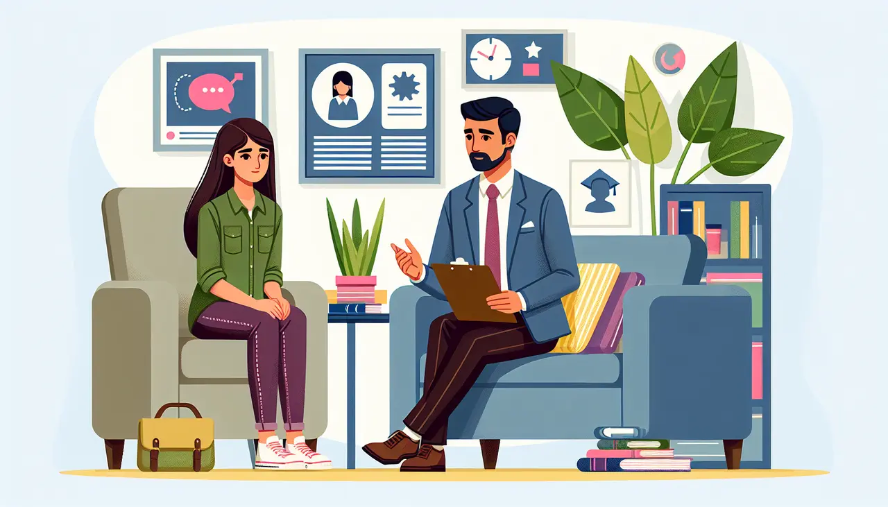 A young woman sits on a couch talking to a man in a suit holding a clipboard in an office with plants, books, and framed pictures, suggesting a counseling or therapy session.