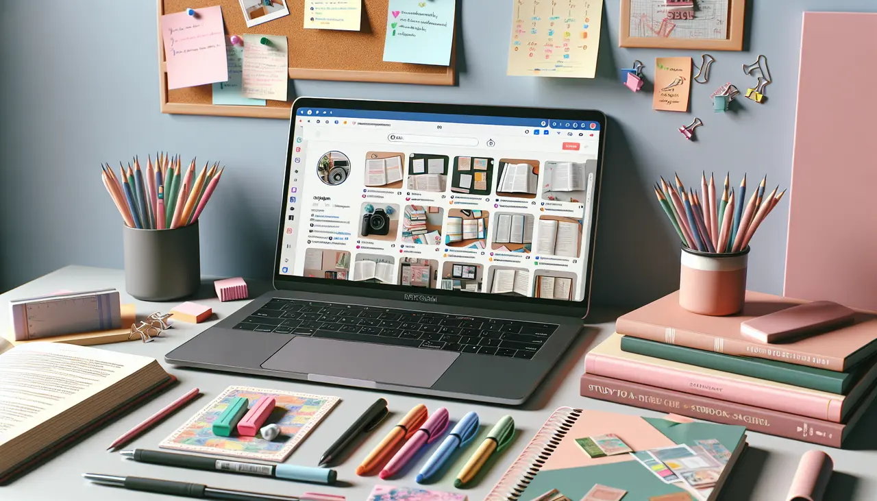 A laptop on a desk displays a Pinterest page. Surrounding it are books, notebooks, pens, pencils, and sticky notes. The background features a corkboard with more notes and photos. The scene is colorful and organized.