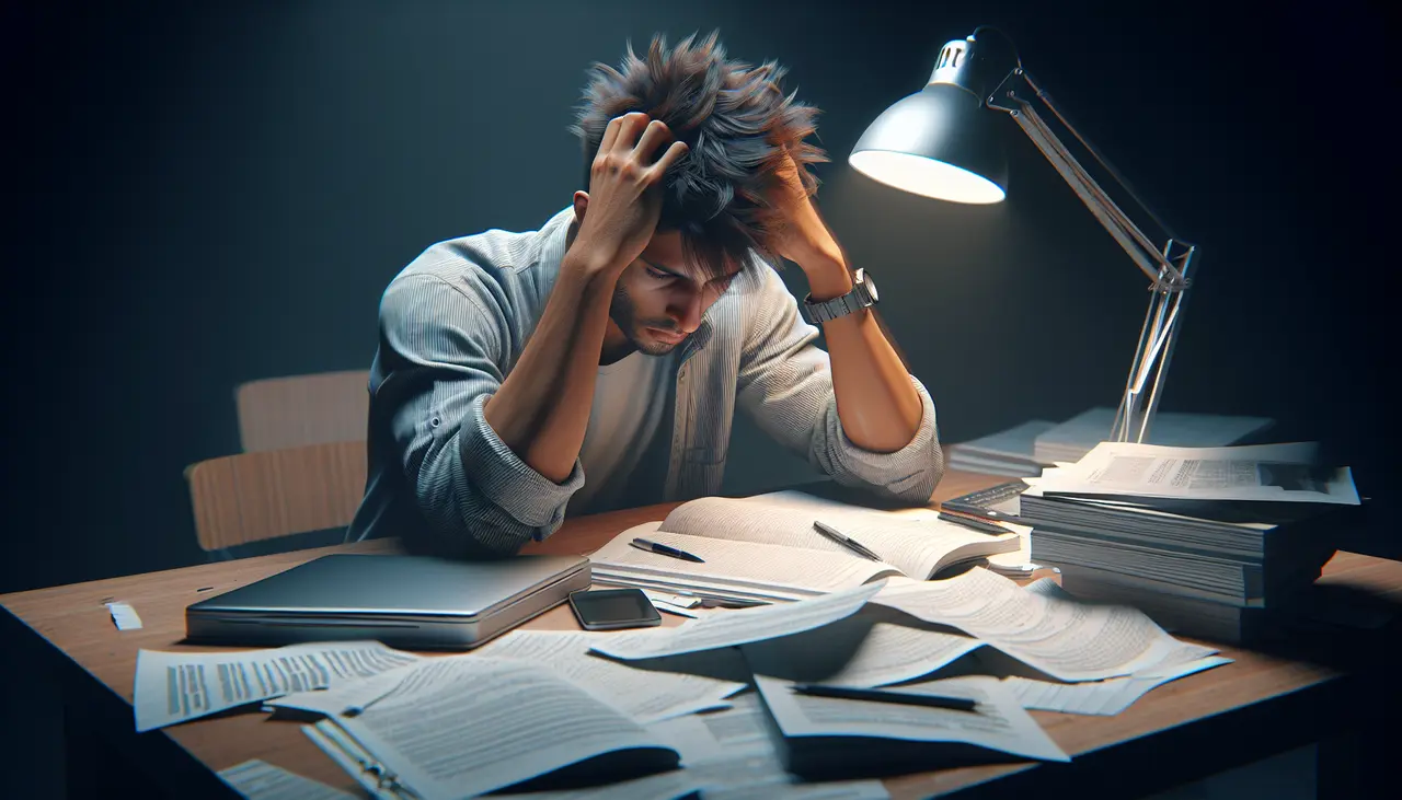 A person sits at a desk cluttered with papers, books, and a laptop, holding their head in frustration under a bright desk lamp, suggesting stress or overwhelm from studying or working late at night.
