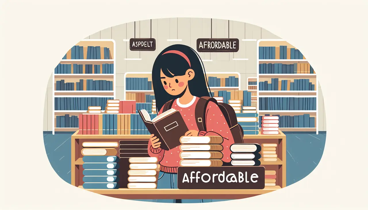 A young woman stands in a bookstore, reading a book. She is surrounded by stacks of books, with Affordable and Aspelrt signs above the shelves, indicating budget-friendly options.
