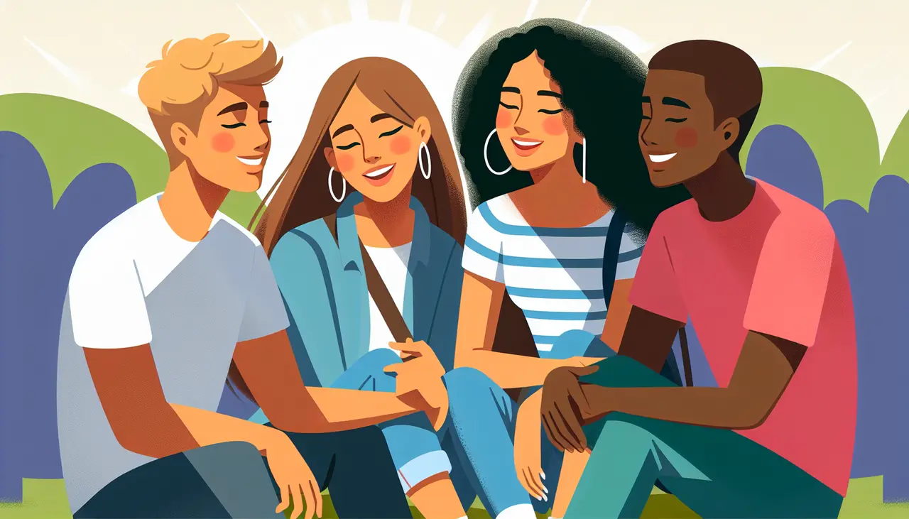 Four young adults sit close together outdoors, smiling and laughing. They appear relaxed and happy, dressed in casual clothes, with greenery and sunlight in the background.